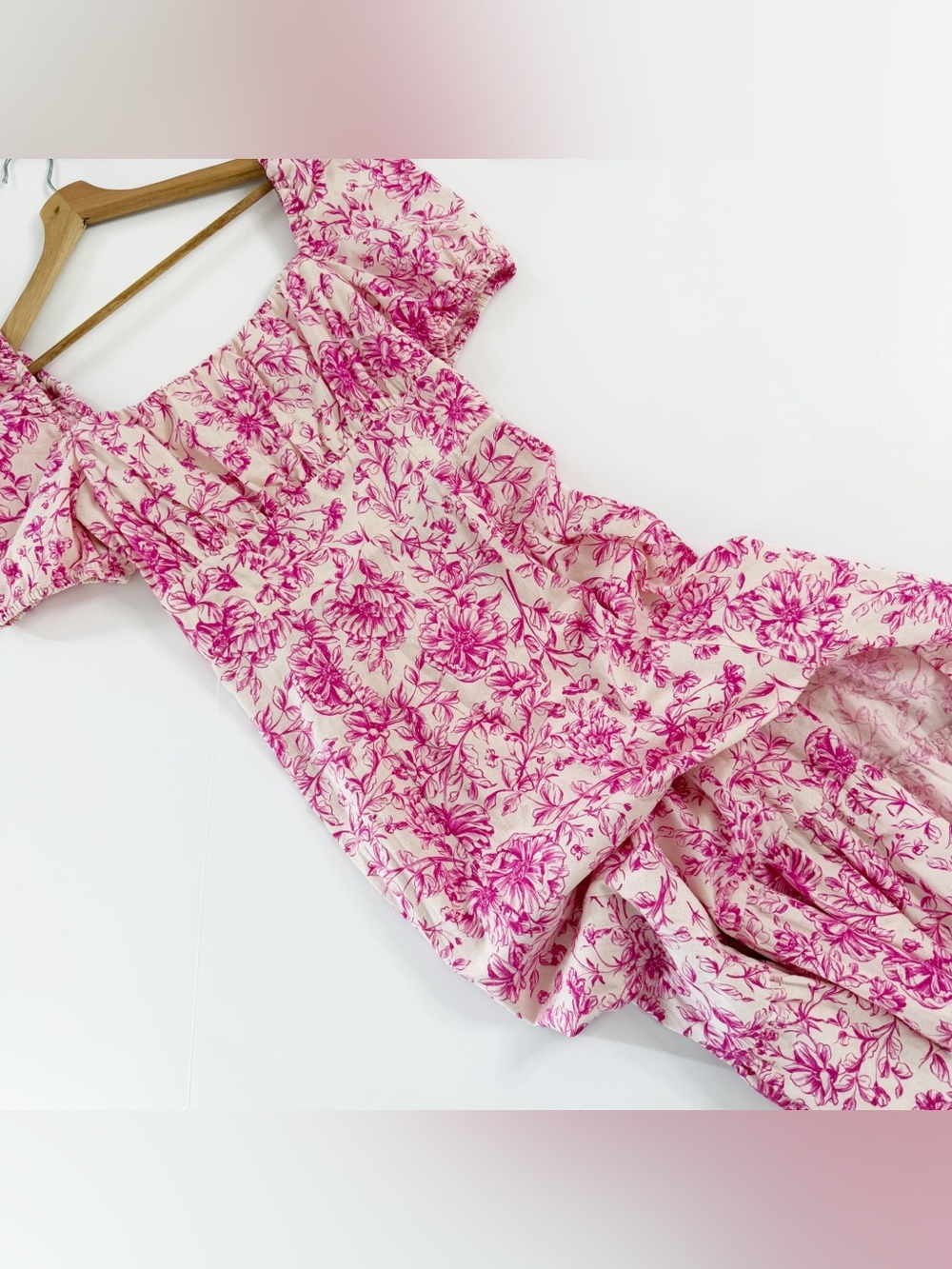 London Times Dress Womens 12 Linen Blend Pink Floral Smocked Puff Sleeve Midi